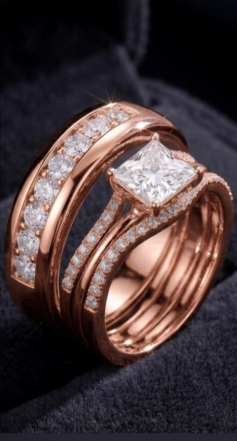 Bridal Trio Ring Set — Princess Cut Diamond, White Gold Finish, 925 Sterling Silver (3-Piece) - view 4
