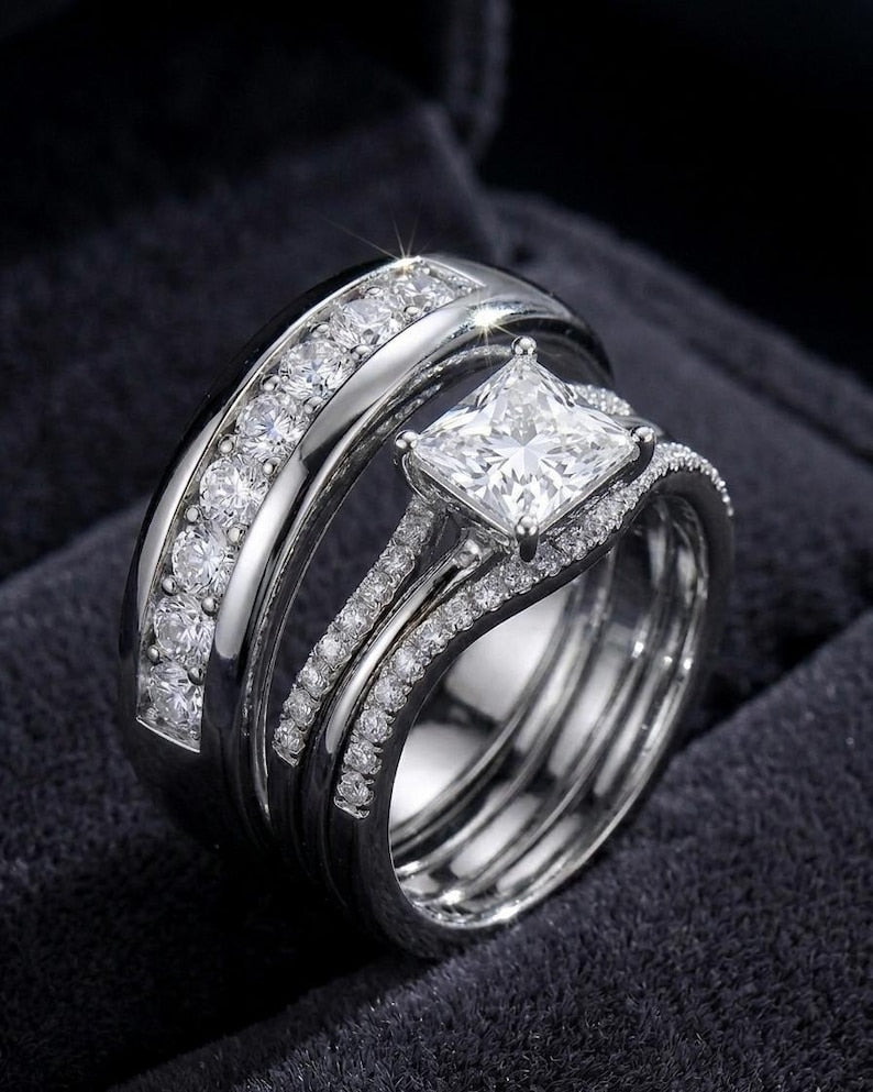 Bridal Trio Ring Set — Princess Cut Diamond, White Gold Finish, 925 Sterling Silver (3-Piece) - view 2