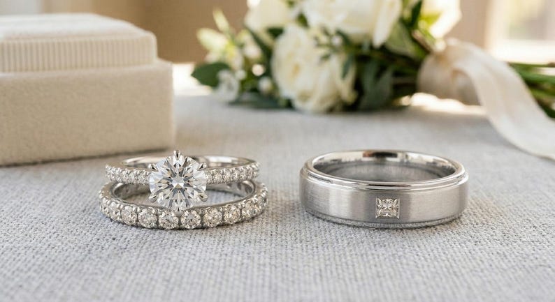 Bridal Trio Ring Set — Round Solitaire Diamond, White Gold Finish, 925 Sterling Silver (3-Piece) - view 2