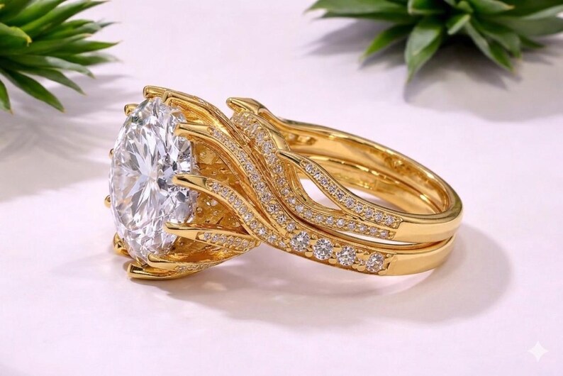 Bridal Trio Ring Set — Round Cut, Yellow Gold Finish, 925 Sterling Silver (3-Piece) - view 5