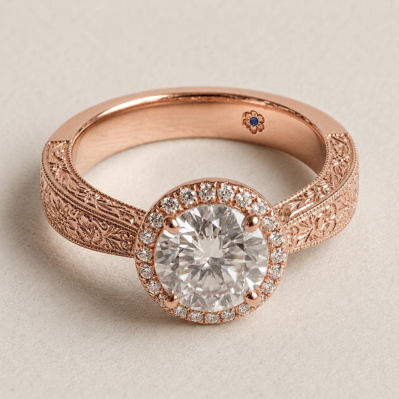 Bridal Ring Set — Vintage Floral Engraved Moissanite with Blue Sapphire Detail, Yellow Gold Finish, 925 Sterling Silver (2-Piece)