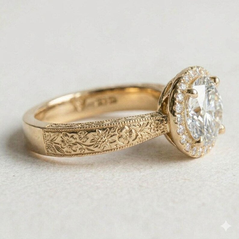 Bridal Ring Set — Vintage Floral Engraved Moissanite with Blue Sapphire Detail, Yellow Gold Finish, 925 Sterling Silver (2-Piece)