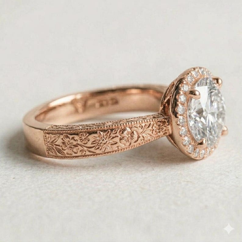 Bridal Ring Set — Vintage Floral Engraved Moissanite with Blue Sapphire Detail, Yellow Gold Finish, 925 Sterling Silver (2-Piece)