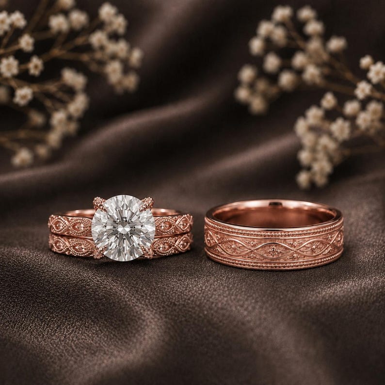 Bridal Trio Ring Set - Vintage Floral Diamond, Yellow Gold Finish - view 3