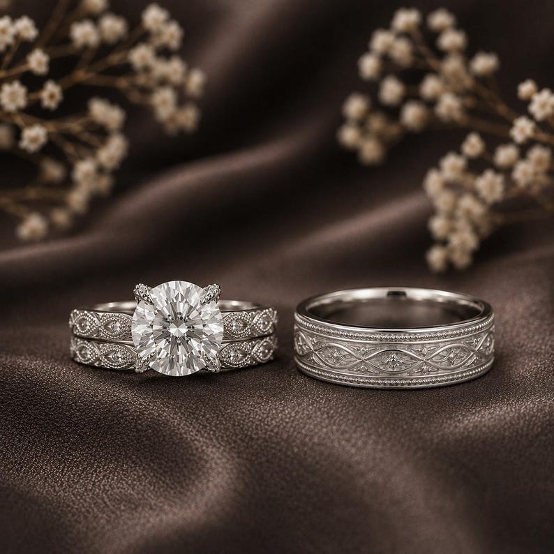 Bridal Trio Ring Set - Vintage Floral Diamond, Yellow Gold Finish - view 2