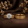 Bridal Trio Ring Set - Vintage Floral Diamond, Yellow Gold Finish - view 1