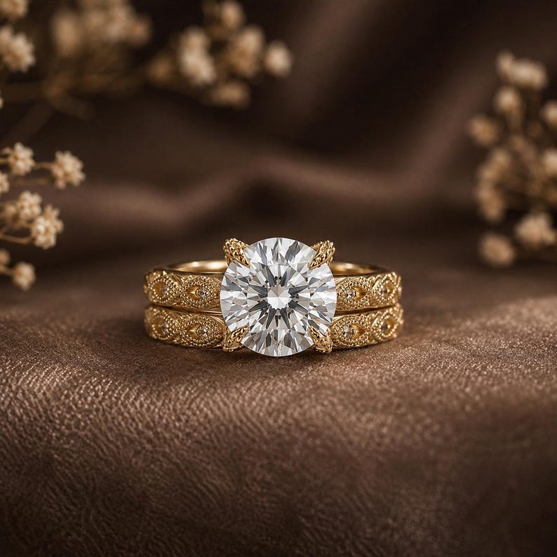 Bridal Trio Ring Set - Vintage Floral Diamond, Yellow Gold Finish - view 4