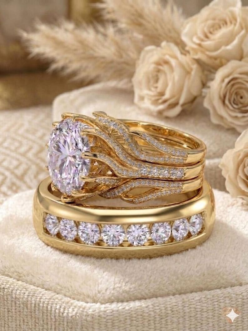 Bridal Trio Ring Set — Round Cut, Yellow Gold Finish, 925 Sterling Silver (3-Piece) - view 1