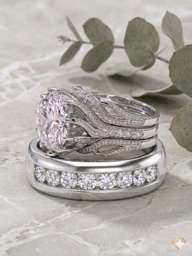 Bridal Trio Ring Set — Round Cut, Yellow Gold Finish, 925 Sterling Silver (3-Piece) - view 2