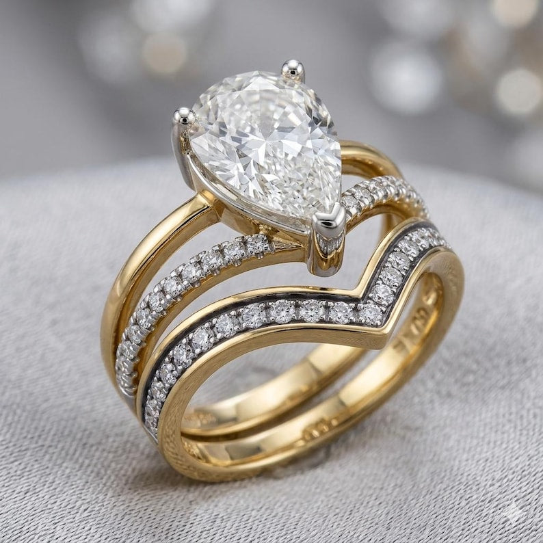 Bridal Ring Set — Pear Cut Diamond, Yellow Gold Finish, 925 Sterling Silver (2-Piece)