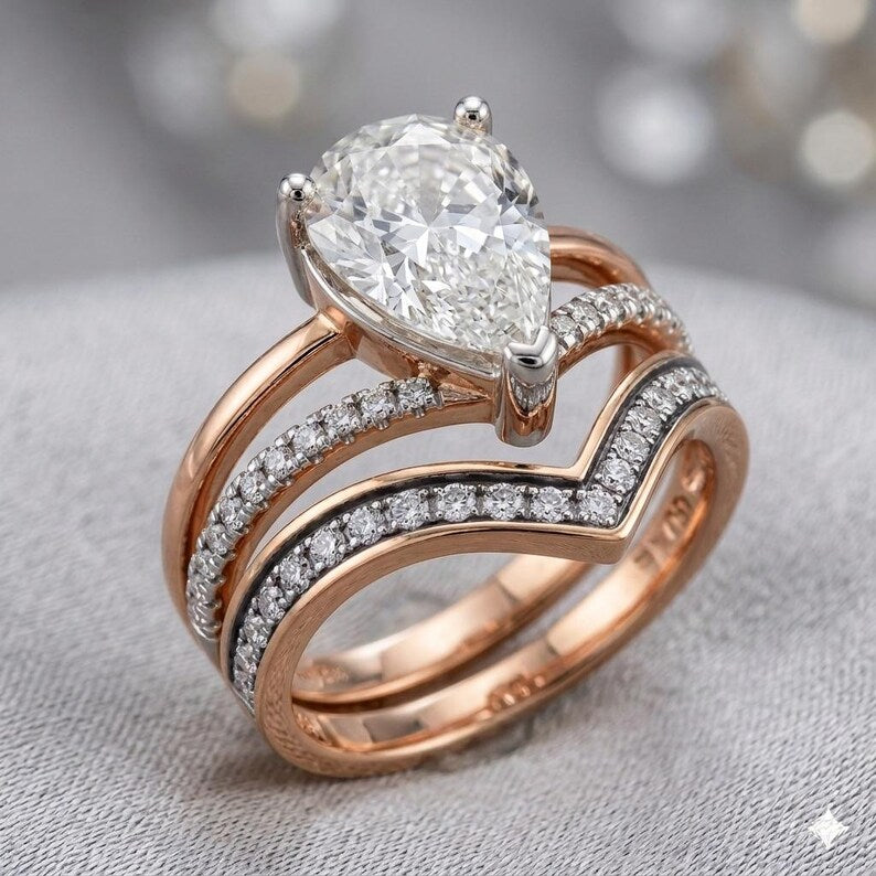 Bridal Ring Set — Pear Cut Diamond, Yellow Gold Finish, 925 Sterling Silver (2-Piece)