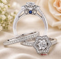 Women's Flower Engagement Wedding Band Ring Set, 925 Sterling Silver Round Cut Moissanite Halo White Gold Finish, Bridal Ring Set