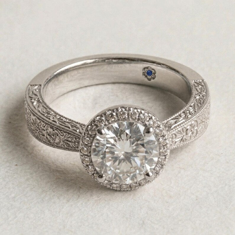 Bridal Ring Set — Vintage Floral Engraved Moissanite with Blue Sapphire Detail, Yellow Gold Finish, 925 Sterling Silver (2-Piece)