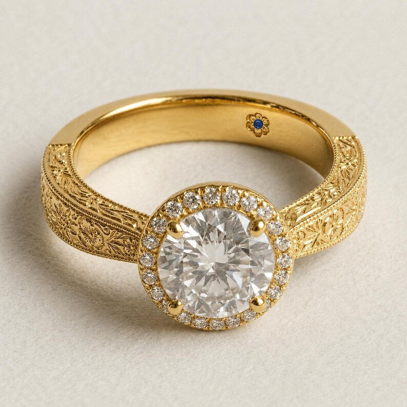 Bridal Ring Set — Vintage Floral Engraved Moissanite with Blue Sapphire Detail, Yellow Gold Finish, 925 Sterling Silver (2-Piece)