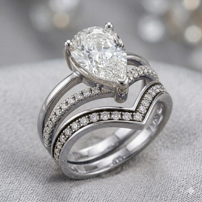 Bridal Ring Set — Pear Cut Diamond, Yellow Gold Finish, 925 Sterling Silver (2-Piece)
