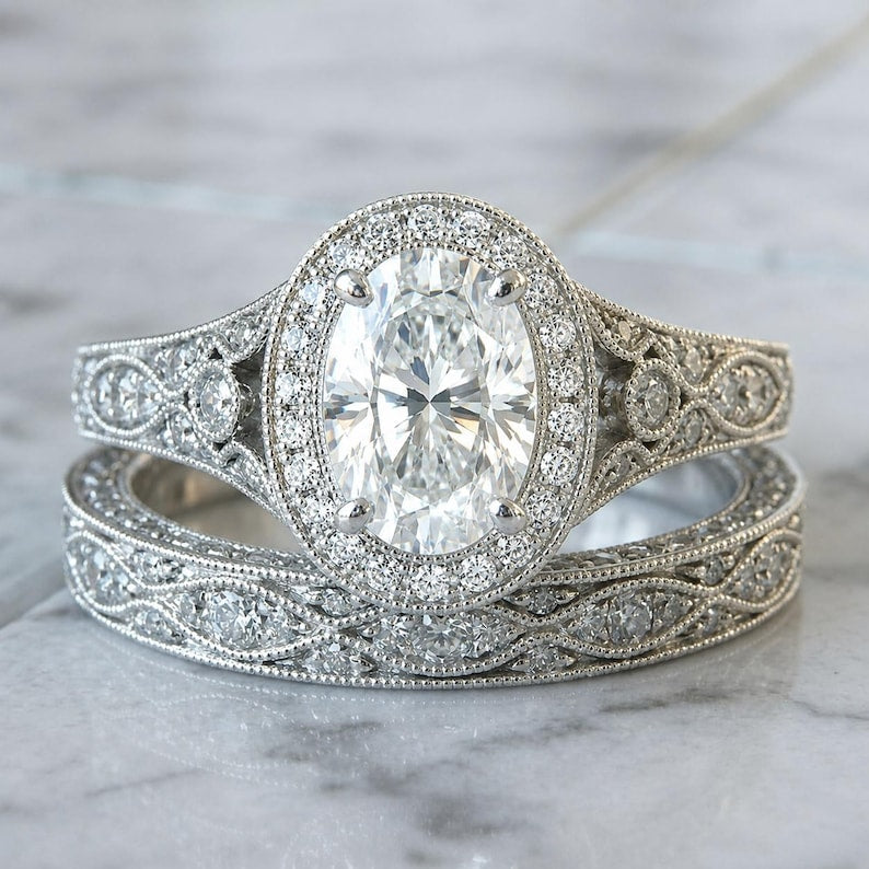 Bridal Ring Set — Oval Cut Antique Moissanite