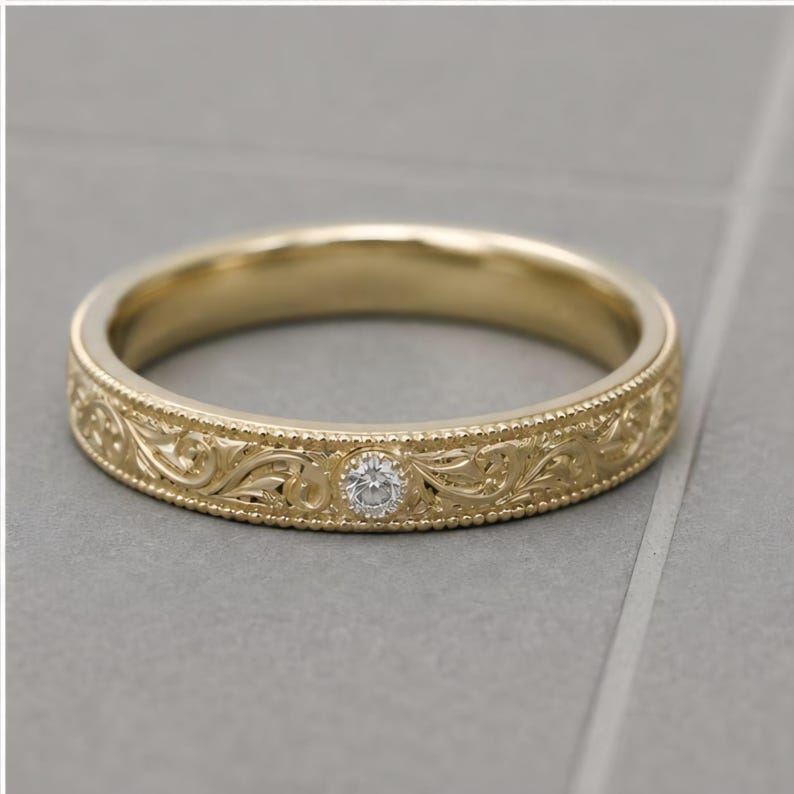 Vintage Yellow Gold Plated Stacking Wedding band Full eternity Carved Filigree Moissanite Bridal ring Promise Milgrain ring