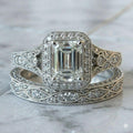 Emeral Cut Bridal Ring Edwardian Diamond Art Deco Bridal Set Vintage Style Engagement Ring Set, Silver Retro Moissanite Bridal Wedding Set