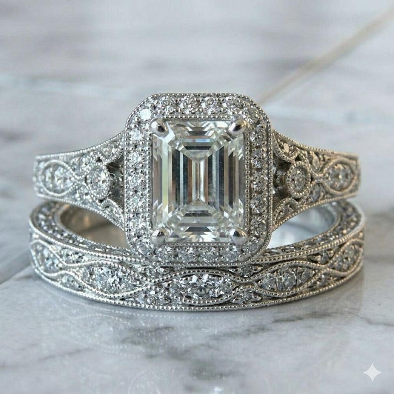 Emeral Cut Bridal Ring Edwardian Diamond Art Deco Bridal Set Vintage Style Engagement Ring Set, Silver Retro Moissanite Bridal Wedding Set