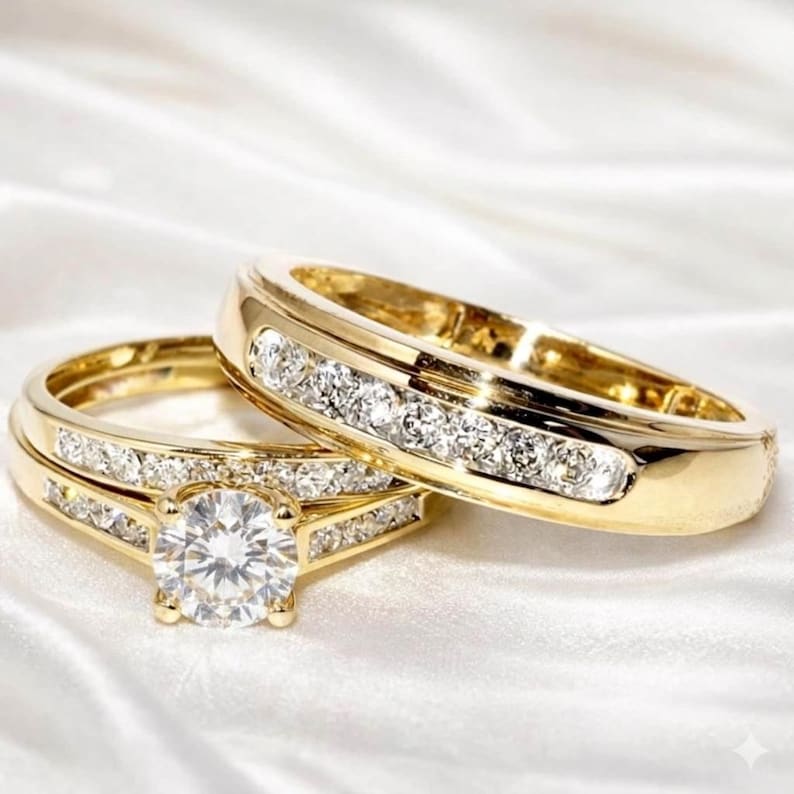 Bridal Ring Set — Round Cut Moissanite, Yellow Gold Finish, 925 Sterling Silver (2-Piece)