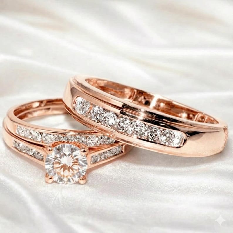 Bridal Ring Set — Round Cut Moissanite, Yellow Gold Finish, 925 Sterling Silver (2-Piece)