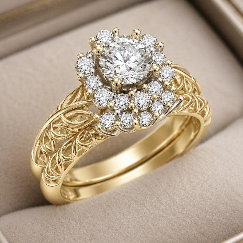 Round Cut Diamond 14k Yellow Gold Finish Engagement Wedding Band Ring Bridal Set 925 Silver