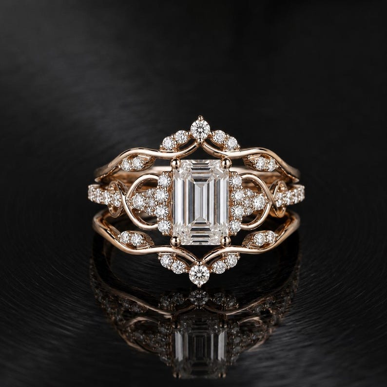 Bridal Ring Set — Emerald Cut Moissanite