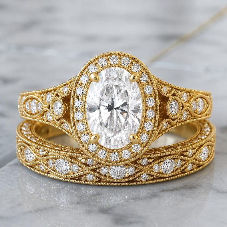 Bridal Ring Set — Oval Cut Antique Moissanite