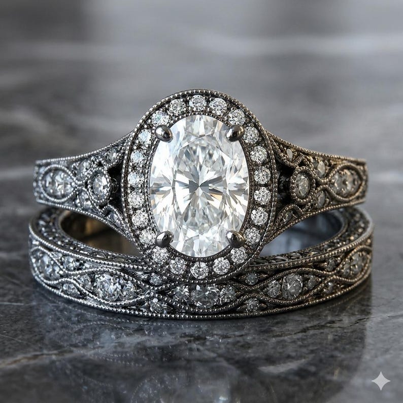 Bridal Ring Set — Oval Cut Antique Moissanite