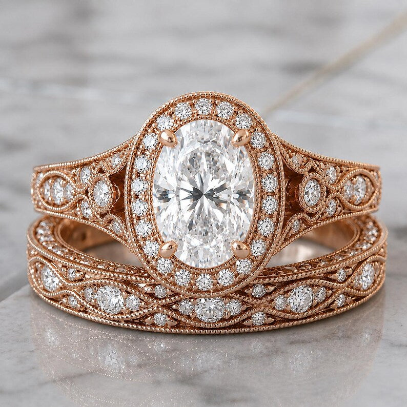 Bridal Ring Set — Oval Cut Antique Moissanite