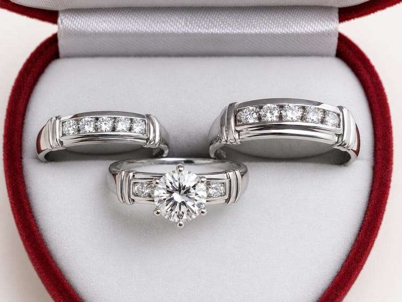 Bridal Trio Ring Set — Bride and Groom Diamond, White Gold Finish - view 1