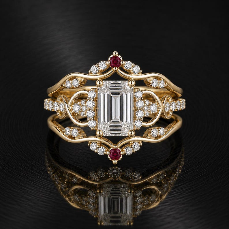 Bridal Ring Set — Emerald Cut Moissanite