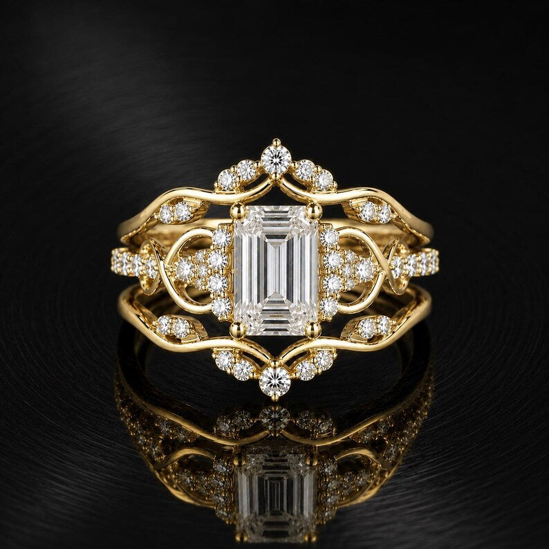 Bridal Ring Set — Emerald Cut Moissanite