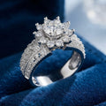 Engagement Ring — Floral Flower Design Round Moissanite, White Gold Finish, 925 Sterling Silver