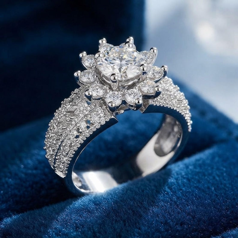 Engagement Ring — Floral Flower Design Round Moissanite, White Gold Finish, 925 Sterling Silver