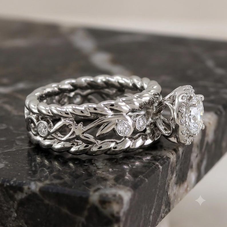 Engagement Ring — Vintage Round Moissanite, White Gold Finish, 925 Sterling Silver