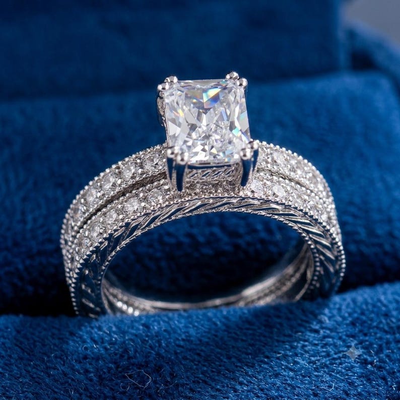 Bridal Ring Set — Vintage Emerald Cut Moissanite, White Gold Finish, 925 Sterling Silver (2-Piece)