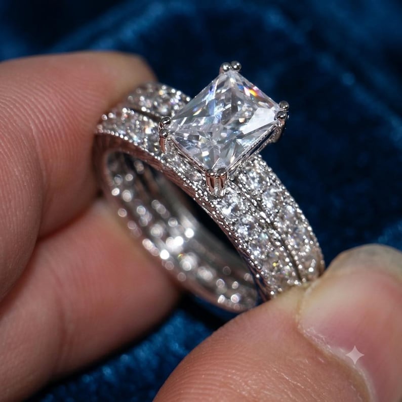 Bridal Ring Set — Vintage Emerald Cut Moissanite, White Gold Finish, 925 Sterling Silver (2-Piece)