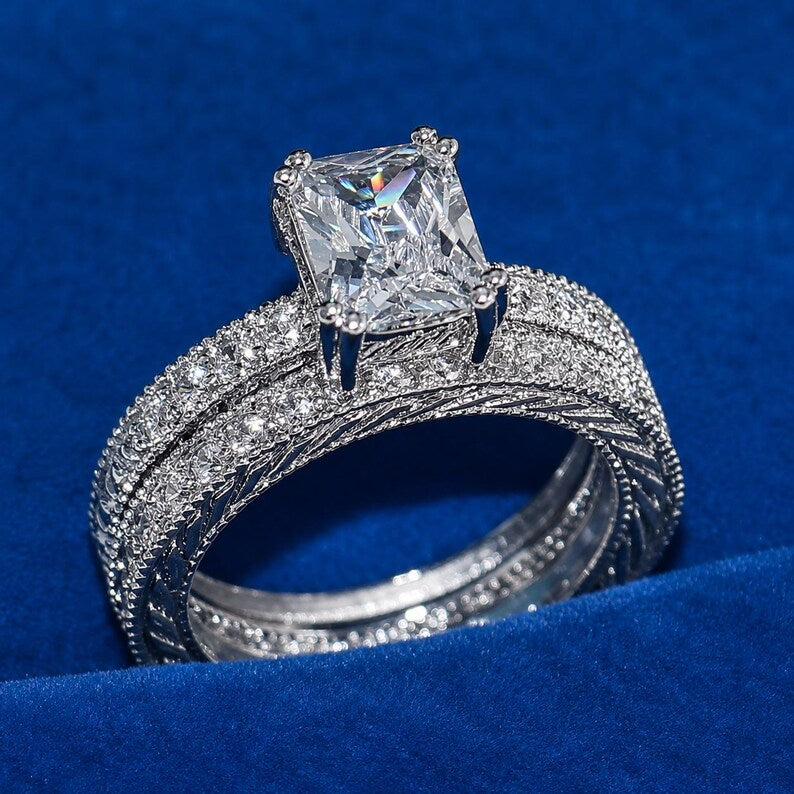 Bridal Ring Set — Vintage Emerald Cut Moissanite, White Gold Finish, 925 Sterling Silver (2-Piece)