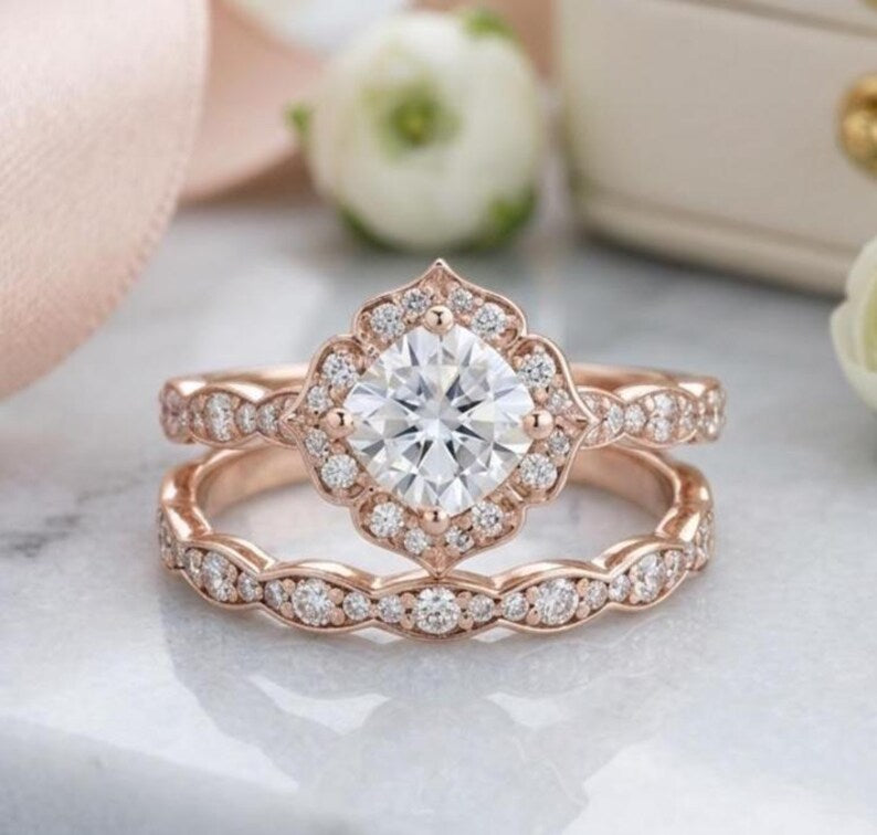 Cushion Cut Moissanite Diamond Engagement Ring and Art Deco Band in 14k Yellow Gold Finish 925 Silver Bridal Ring Set Women Band Ring