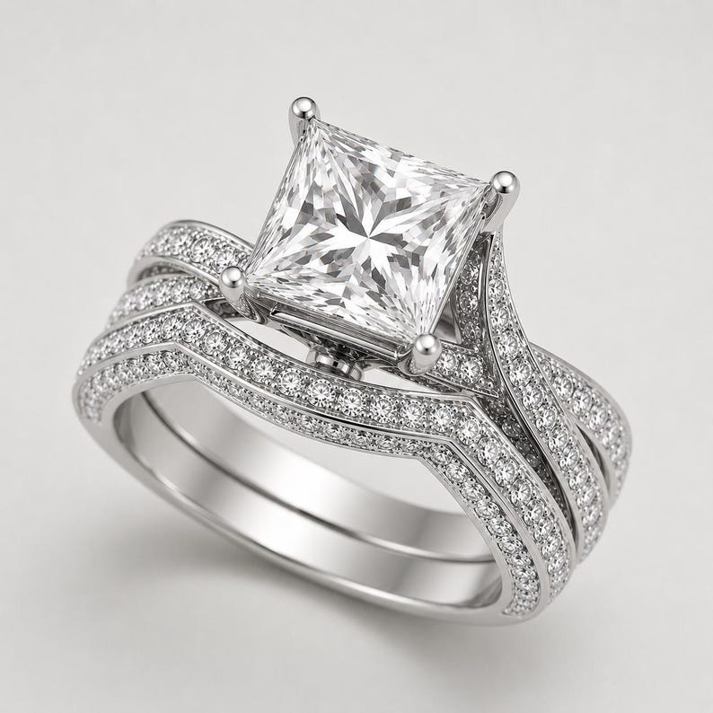 Bridal Ring Set — Pink Sapphire Princess Cut, White Gold Finish, 925 Sterling Silver (2-Piece)