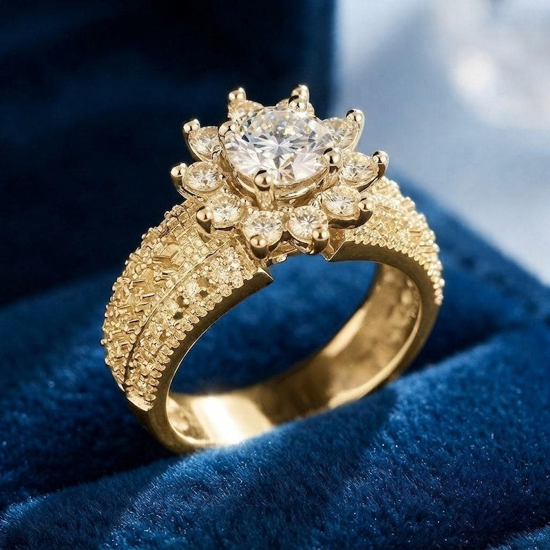 Engagement Ring — Floral Flower Design Round Moissanite, White Gold Finish, 925 Sterling Silver