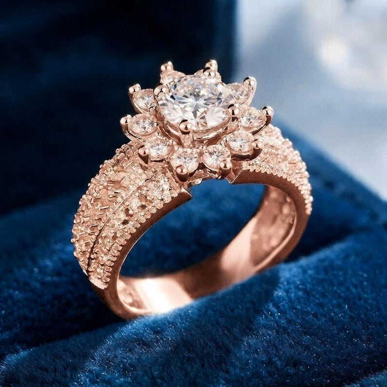 Engagement Ring — Floral Flower Design Round Moissanite, White Gold Finish, 925 Sterling Silver