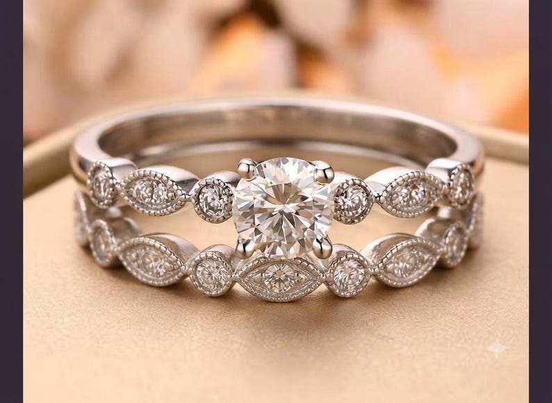 Solitaire Moissanite Bridal Ring Set For Her, Women's Engagement Ring Set, Sterling Silver Wedding Ring with MatchingBand