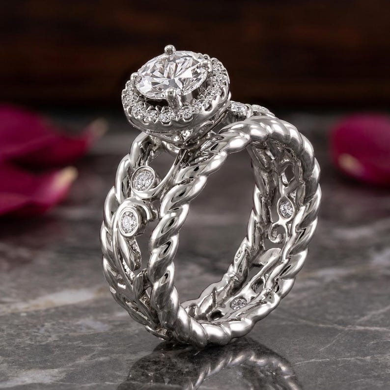 Engagement Ring — Vintage Round Moissanite, White Gold Finish, 925 Sterling Silver
