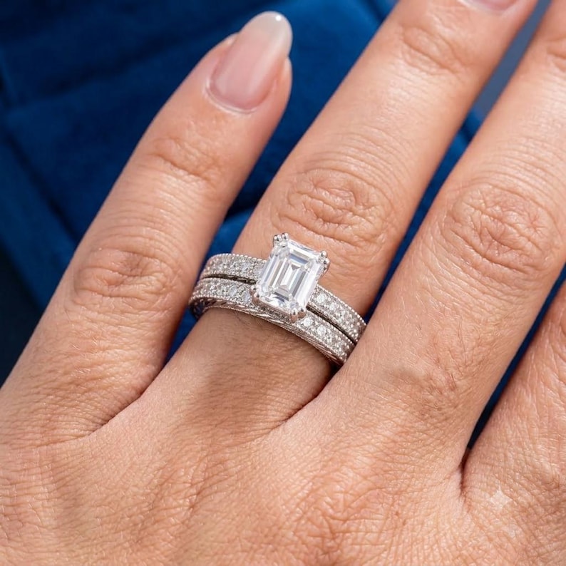 Bridal Ring Set — Vintage Emerald Cut Moissanite, White Gold Finish, 925 Sterling Silver (2-Piece)
