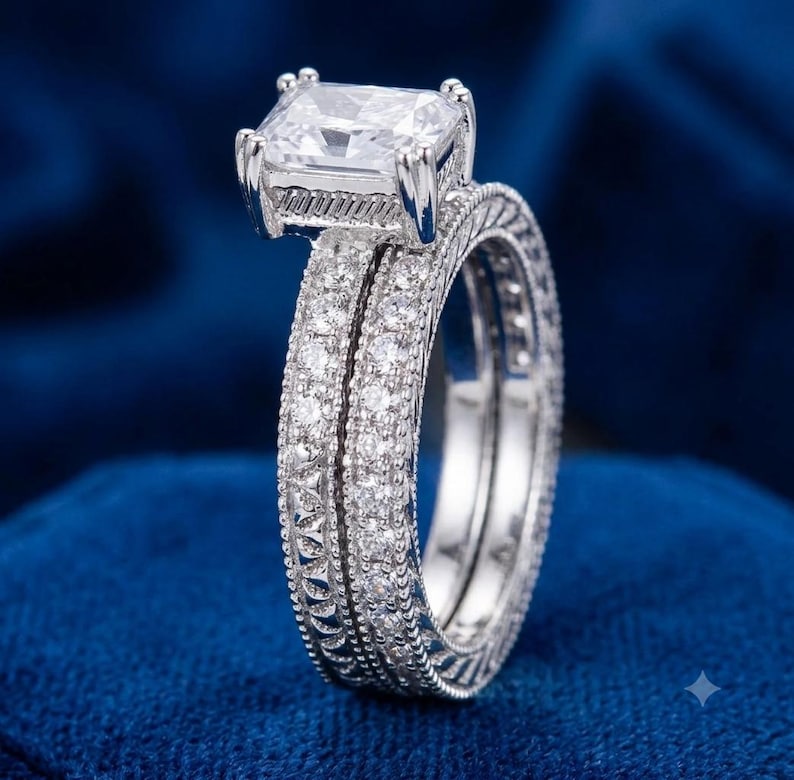 Bridal Ring Set — Vintage Emerald Cut Moissanite, White Gold Finish, 925 Sterling Silver (2-Piece)
