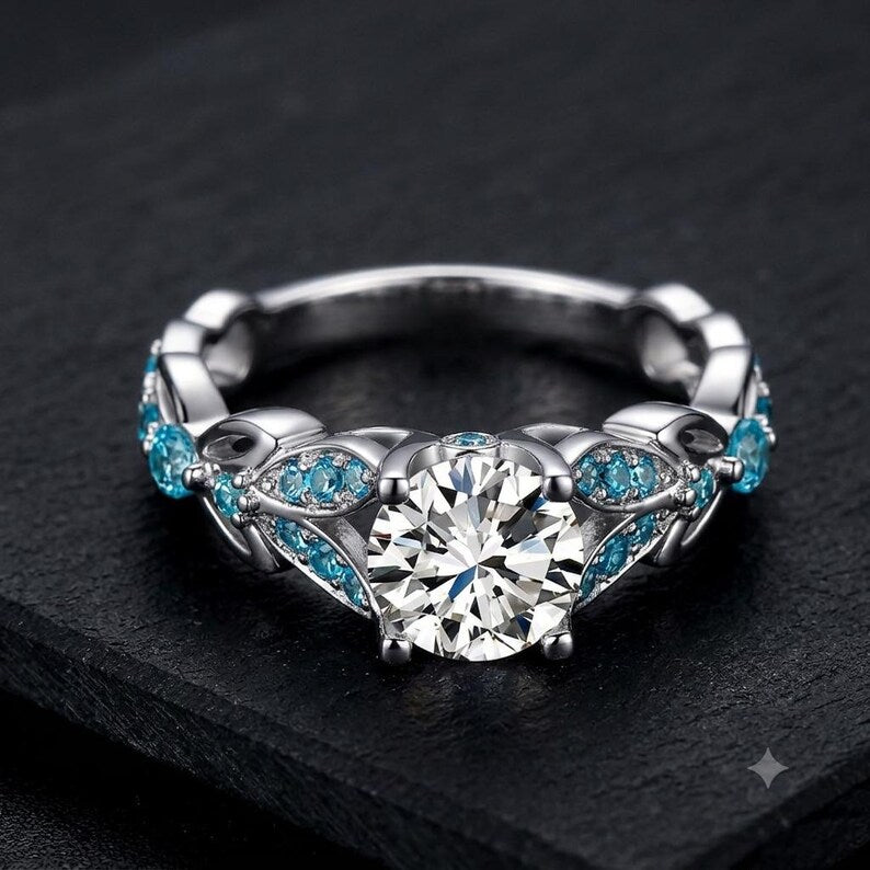 14K White Gold Finish Ring Women Engagement Wedding Ring 925 Sterling Silver White Diamond & Aqua Blue Ring