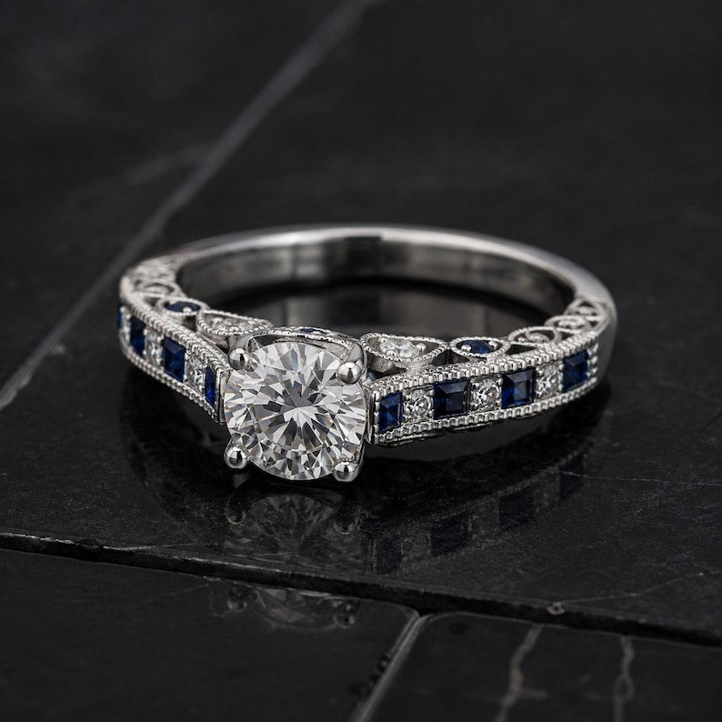 Women's Engagement Ring Round Cut Diamond Bridal Ring 925 Silver ring 14K White Gold Finish Blue Topaz  Wedding Band Ring