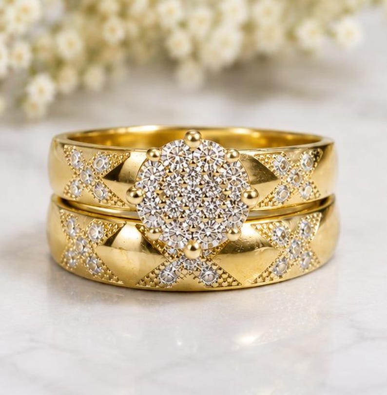 Bridal Trio Ring Set — Round Simulated Diamond, Yellow Gold Finish, 925 Sterling Silver (3-Piece) - view 3